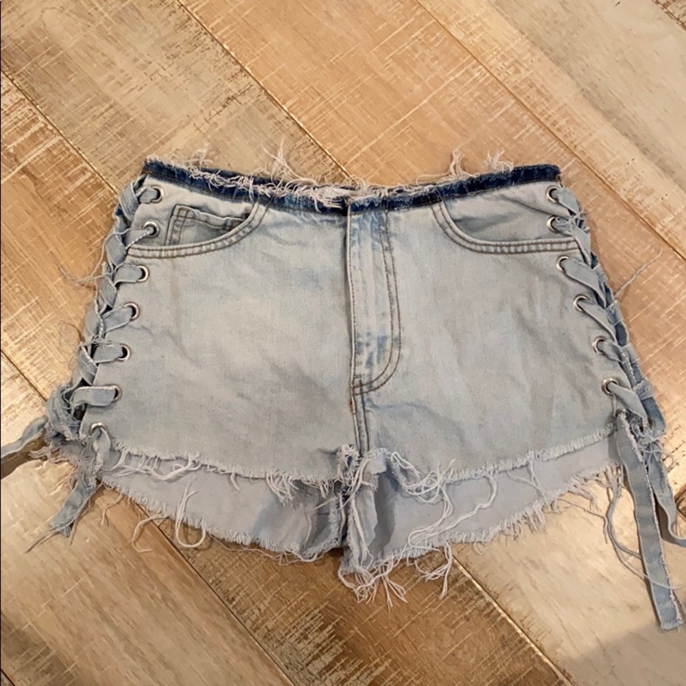 ZARA lace up light wash denim shorts